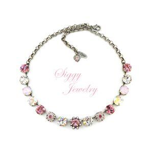 Rosy Mirage Light Pink and Crystal AB Flower Tennis Necklace, Antique Silver